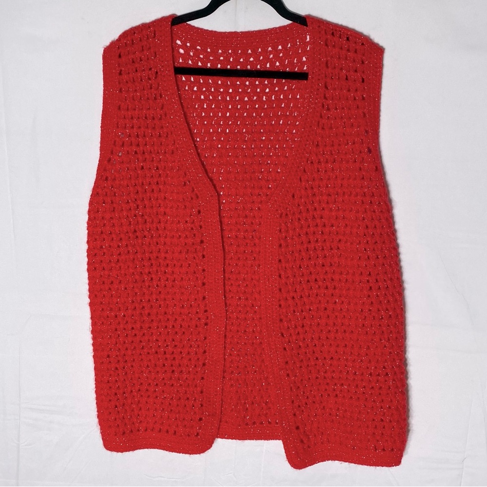 Vintage Handmade Red W Silver Metallic Threads Open Front Sweater Vest S